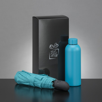 Coffret bouteille isotherme 500 mL et parapluie pliable tempête auto