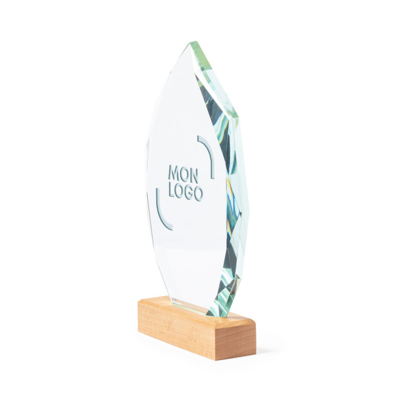 Trophée flamme en verre et en bois