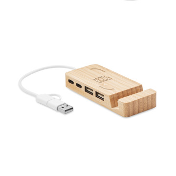 Hub USB support téléphone 4 ports en bambou