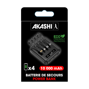 Batterie de secours avec 4 câbles 10000 mAh Akashi® couleur