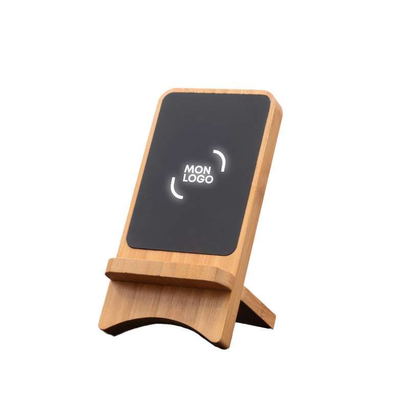 Chargeur induction support téléphone 10W en bambou logo lumineux SCX®