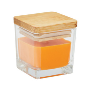 Bougie parfumée orange en verre avec couvercle en bambou