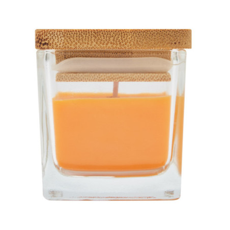 Bougie parfumée orange en verre avec couvercle en bambou