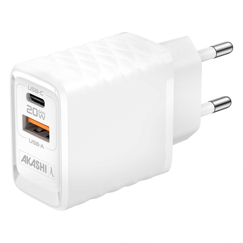 Chargeur secteur blanc USB-C et USB-A 20W Akashi®