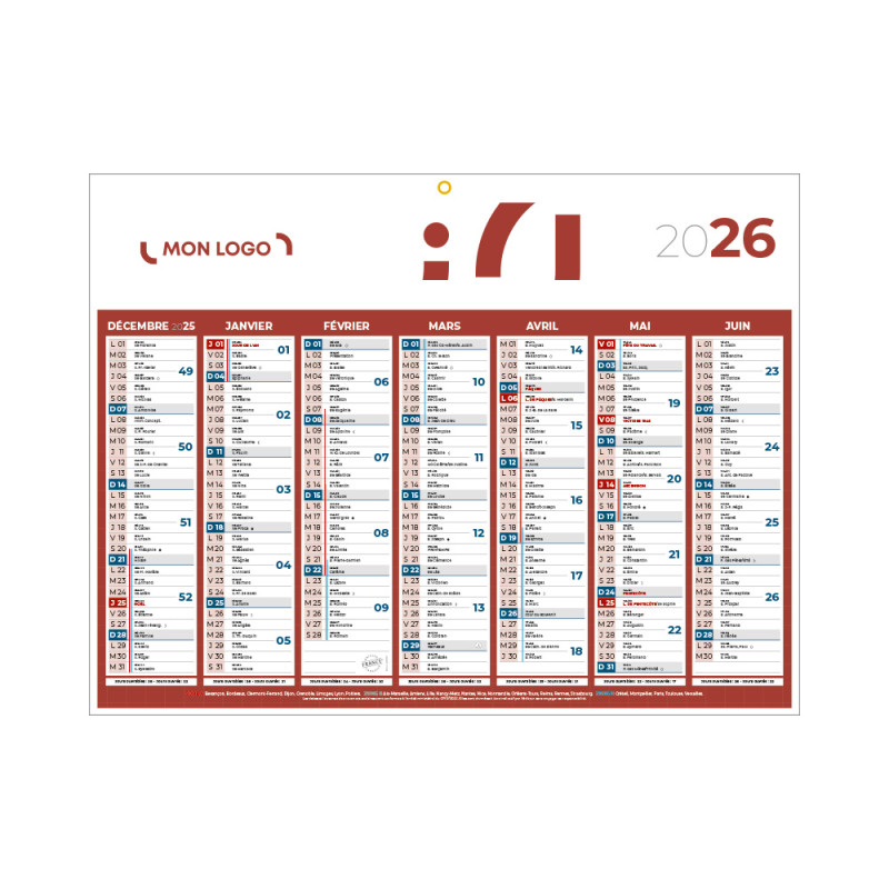 Calendrier classique medium rouge 42x32 cm marquage quadri
