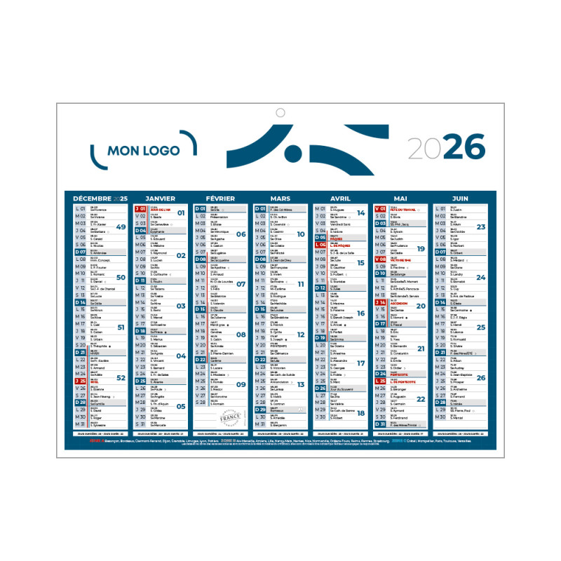 Calendrier classique mini bleu 26,5x21 cm marquage 1 couleur