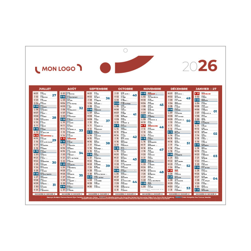 Calendrier classique mini rouge 26,5x21 cm marquage quadri