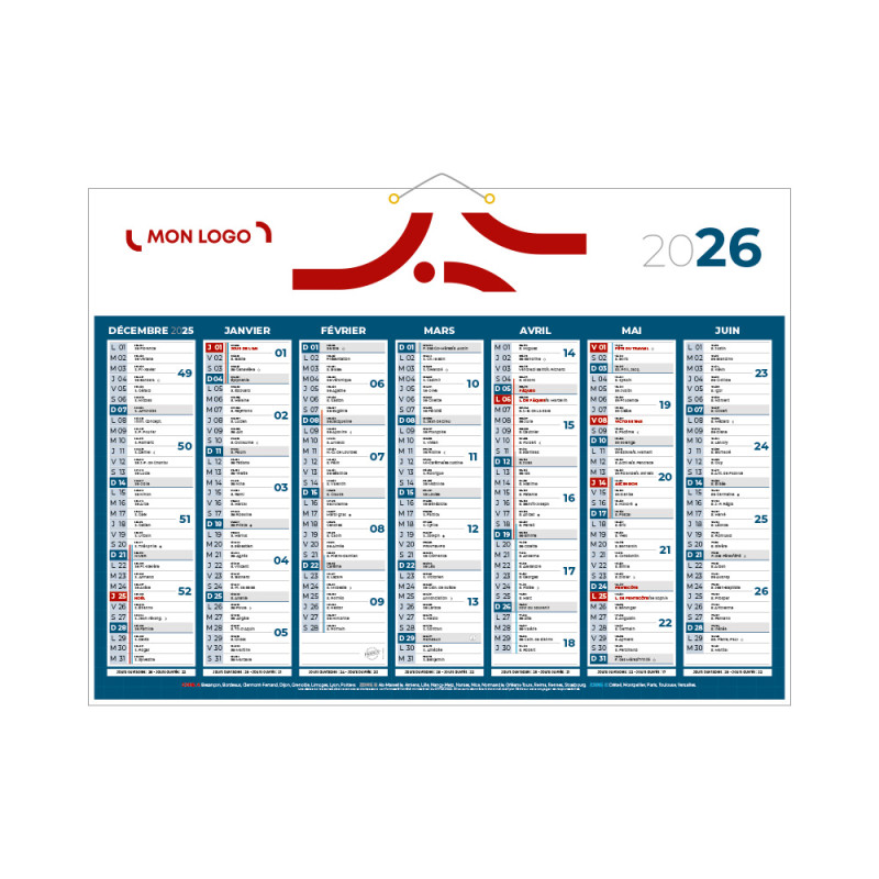 Calendrier classique bleu 55x40,5 cm marquage 1 couleur