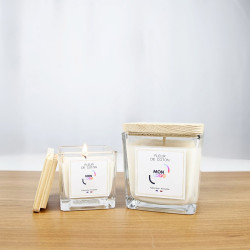 Bougie carrée en cire de soja avec couvercle en bois de pin