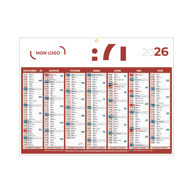 Calendrier classique medium rouge 42x32 cm marquage 1 couleur