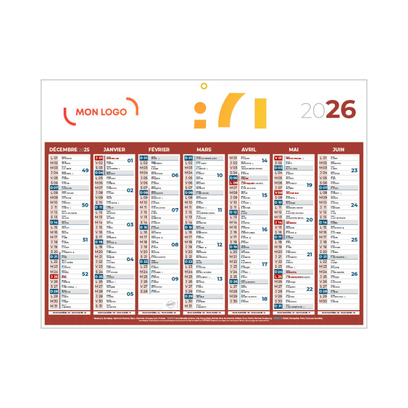 Calendrier classique medium rouge 42x32 cm marquage quadri