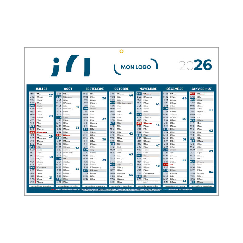 Calendrier classique medium bleu 42x32 cm marquage 1 couleur