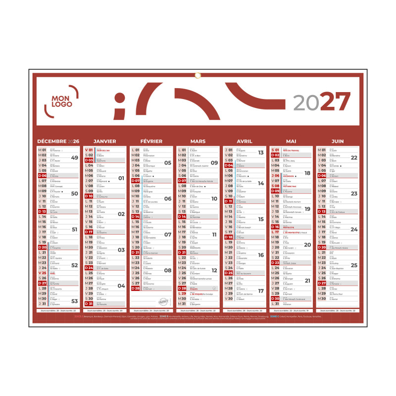 Calendrier classique medium rouge 42x32 cm marquage 1 couleur
