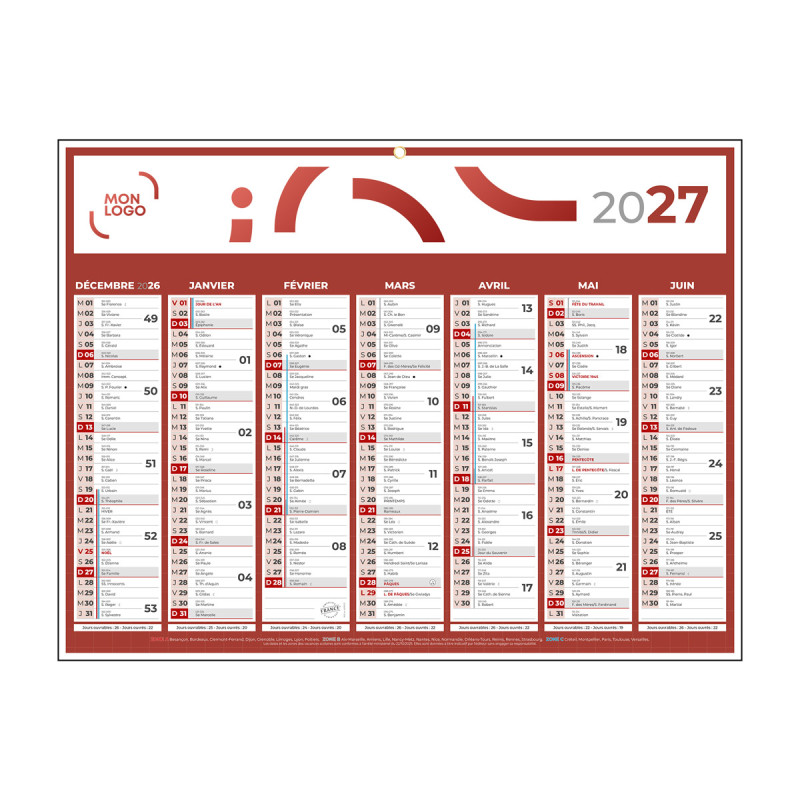 Calendrier classique medium rouge 42x32 cm marquage quadri