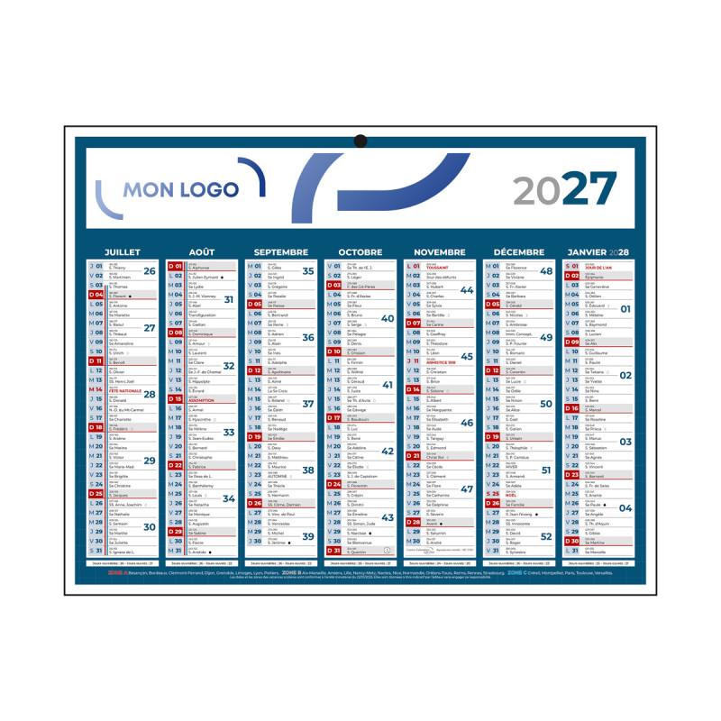 Calendrier classique mini bleu 26,5x21 cm marquage quadri