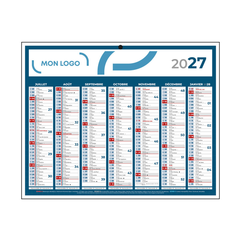 Calendrier classique mini bleu 26,5x21 cm marquage 1 couleur