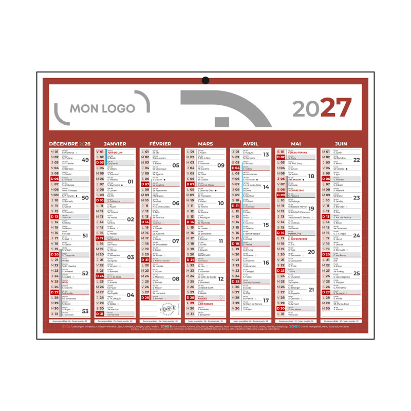 Calendrier classique mini rouge 26,5x21 cm marquage 1 couleur