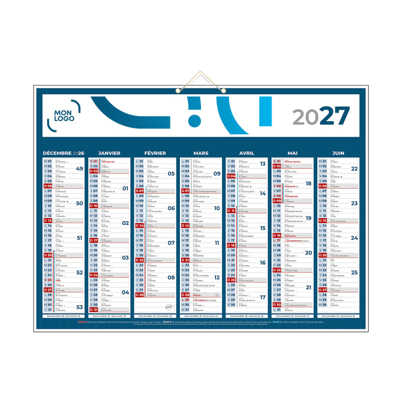 Calendrier classique bleu 55x40,5 cm marquage quadri