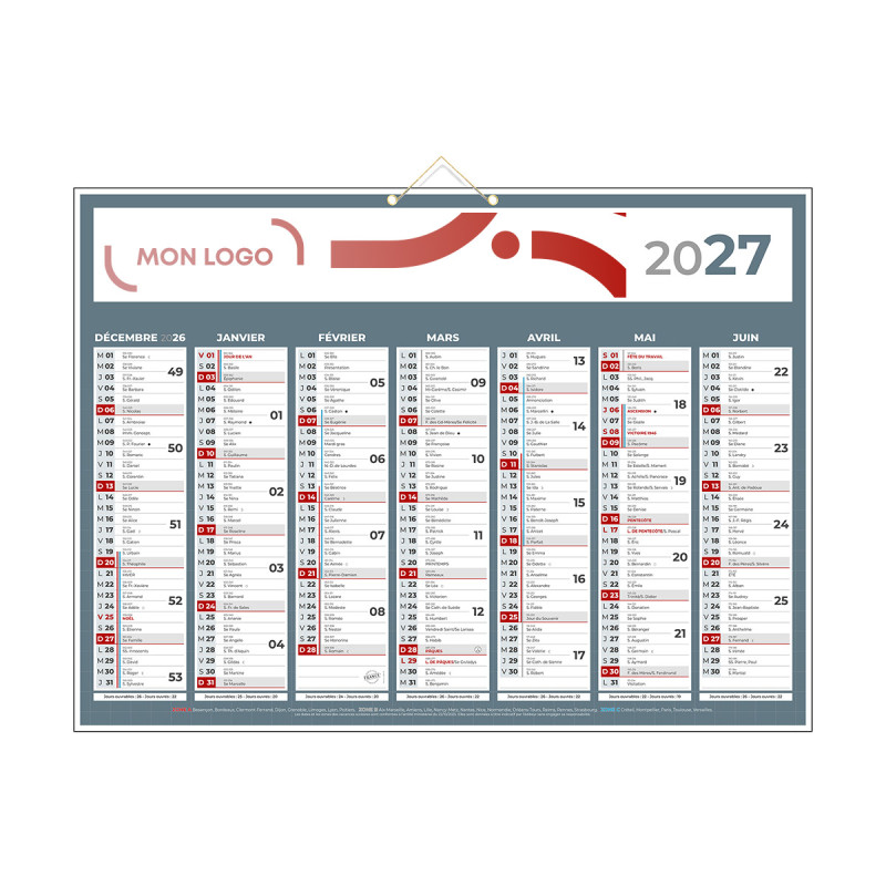 Calendrier classique gris 55x40,5 cm marquage quadri
