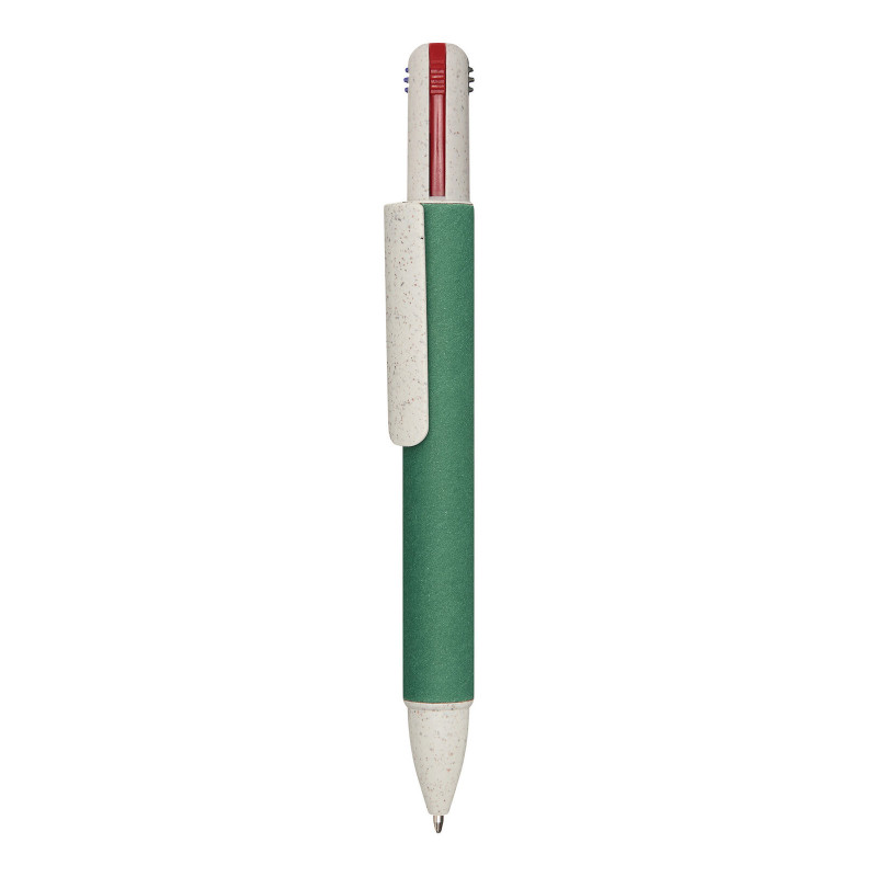 Stylo 4 couleurs en carton recyclé et paille de blé vert foncé