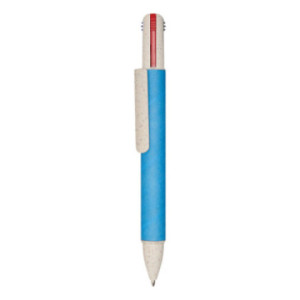 Stylo 4 couleurs en carton recyclé et paille de blé bleu
