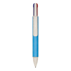 Stylo 4 couleurs en carton recyclé et paille de blé bleu