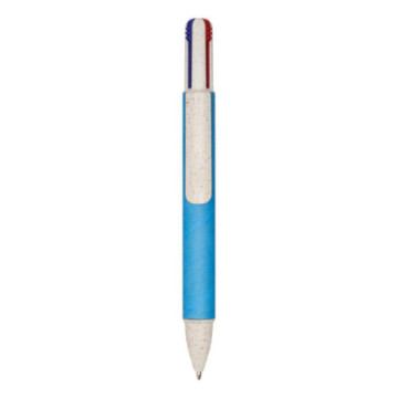 Stylo 4 couleurs en carton recyclé et paille de blé bleu