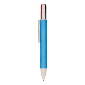Stylo 4 couleurs en carton recyclé et paille de blé bleu