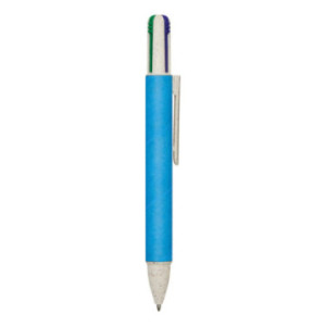 Stylo 4 couleurs en carton recyclé et paille de blé bleu