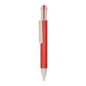 Stylo 4 couleurs en carton recyclé et paille de blé rouge