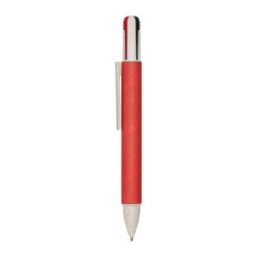 Stylo 4 couleurs en carton recyclé et paille de blé rouge