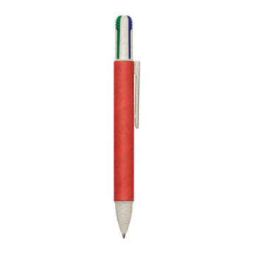 Stylo 4 couleurs en carton recyclé et paille de blé rouge